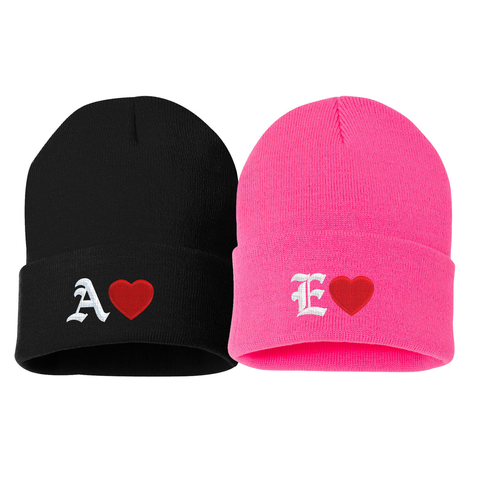 Custom Embroidered Matching Couple Beanies with Initials & Heart