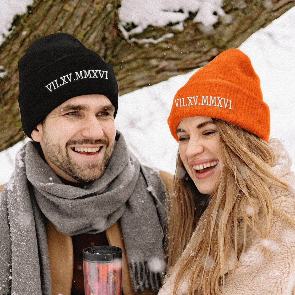 Custom Embroidered Matching Couple Beanies with Roman Numeral Date