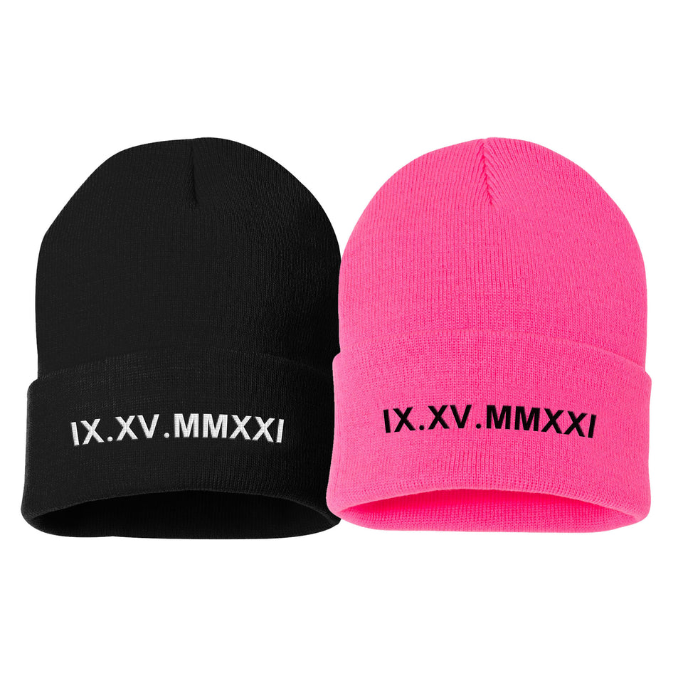 Custom Embroidered Matching Couple Beanies with Roman Numeral Date