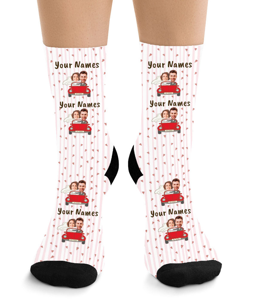 Bride & Groom in Red Car - Couple Face Socks